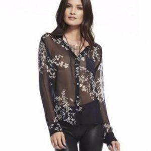 CHASER Sheer Silk Floral Button Down Blouse Top